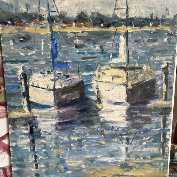 Sail Boats Serene Blue and White Nautical Art Oil Painting 14 x11”
